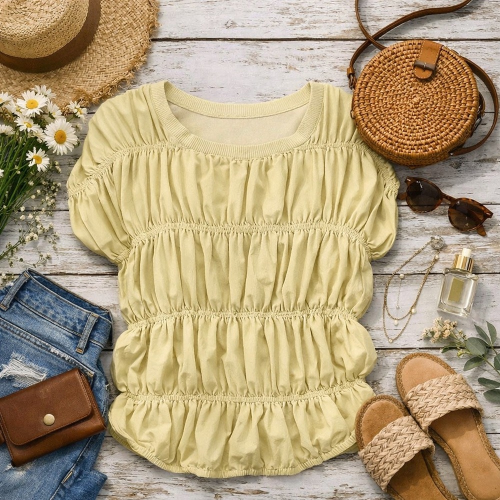 Maeve Anthropologie Yellow-Green Smocked Tiered Cotton Blouse  XL Cottagecore